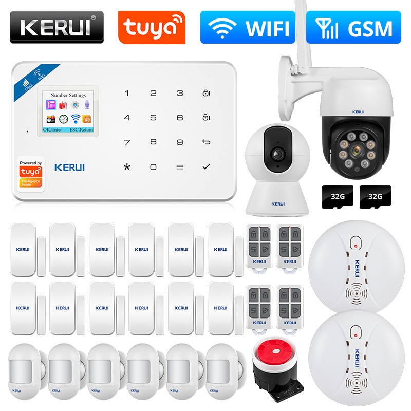 KERUI-GSM 와이파이 Tuya 스마트 홈 보안 경보 시스템, 무선 차고 도난 방지 3MP IP 카메라 모션 감지기 도어 센서 Alexa